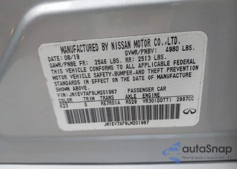 2020 Infiniti Q50 Pure из США, поврежденный, VIN JN1EV7AP9LM201987